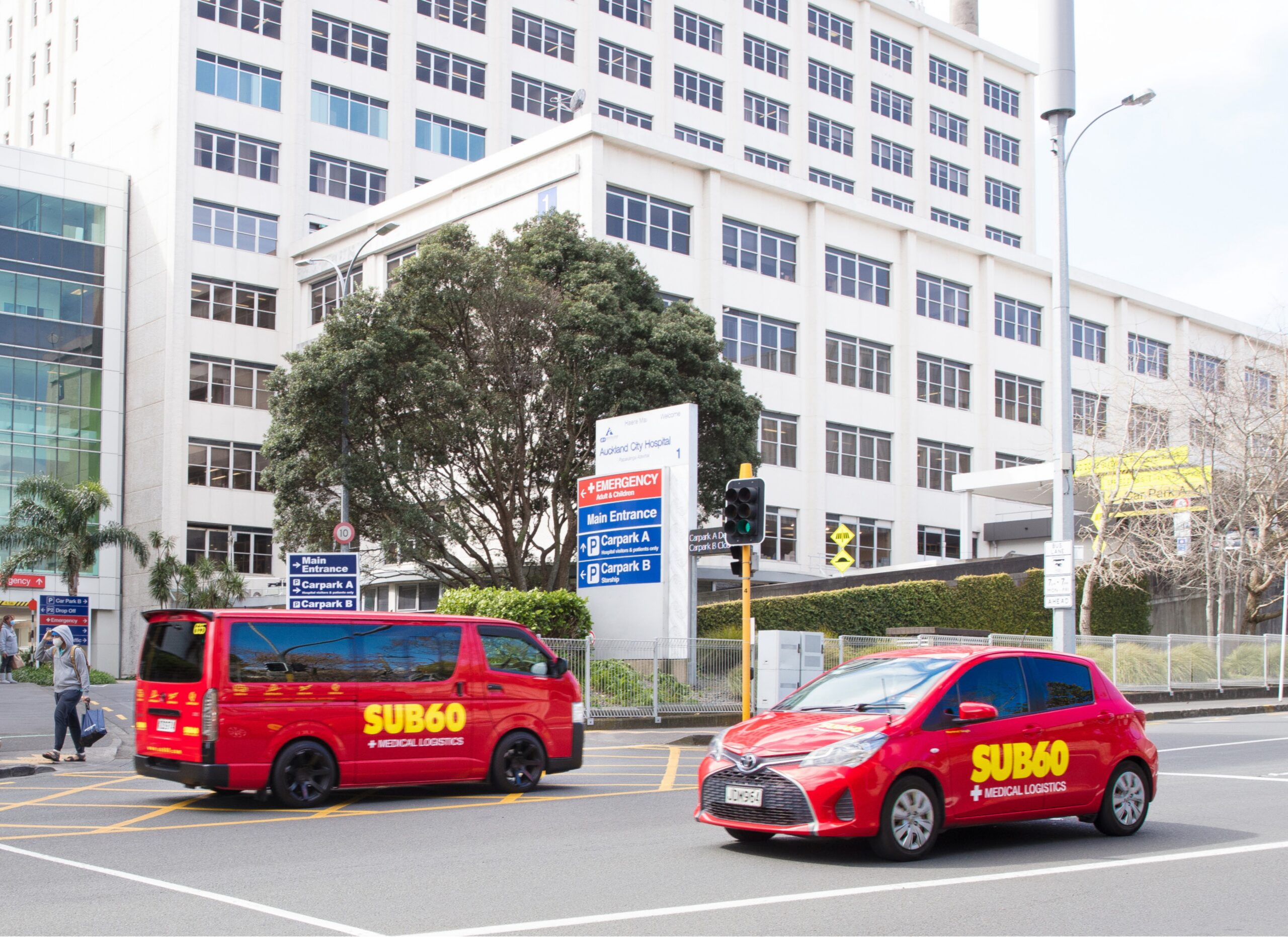 SUB60 Medical Logistics vehicles next to Auckland City Hospital